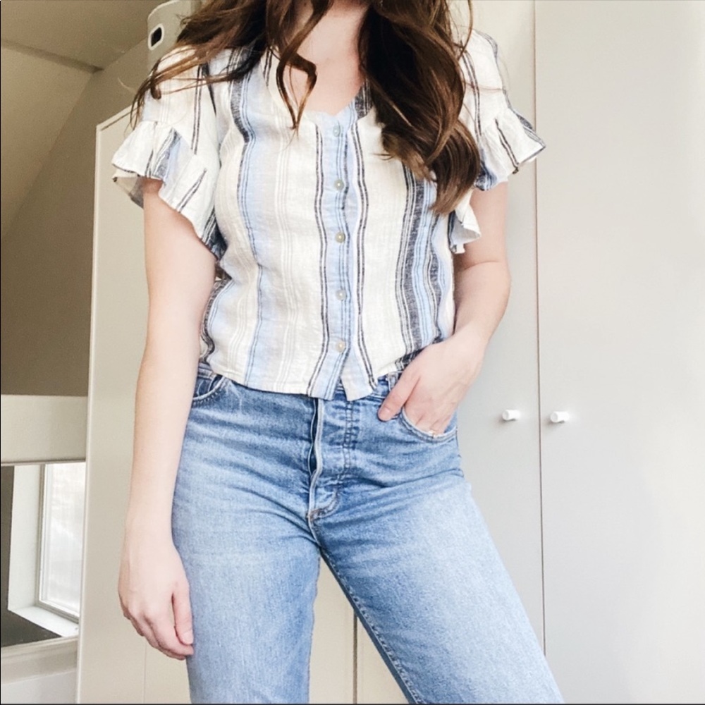 Anthropologie Drew Stripe Flutter Button Linen Top
